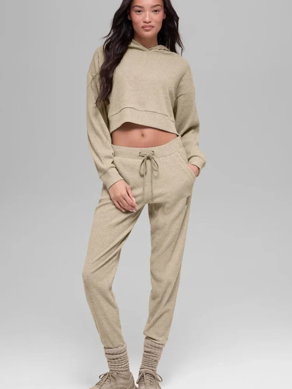 ALO Muse Hoodie Ribbed Cropped Sweatshirt - Gravel Heather - Size XS